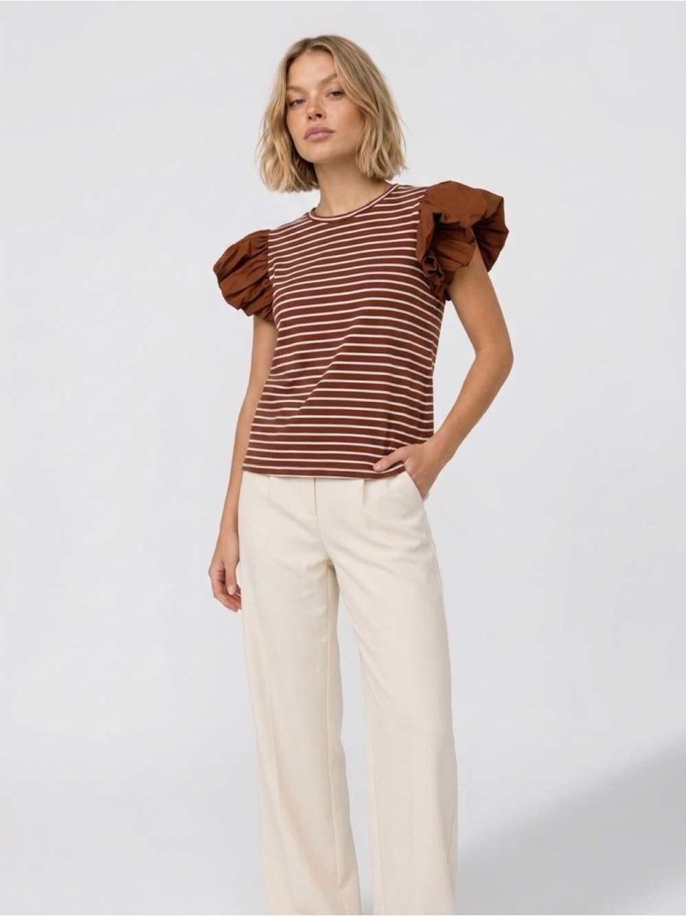 English Factory Brown and White Striped Puff Sleeve Top